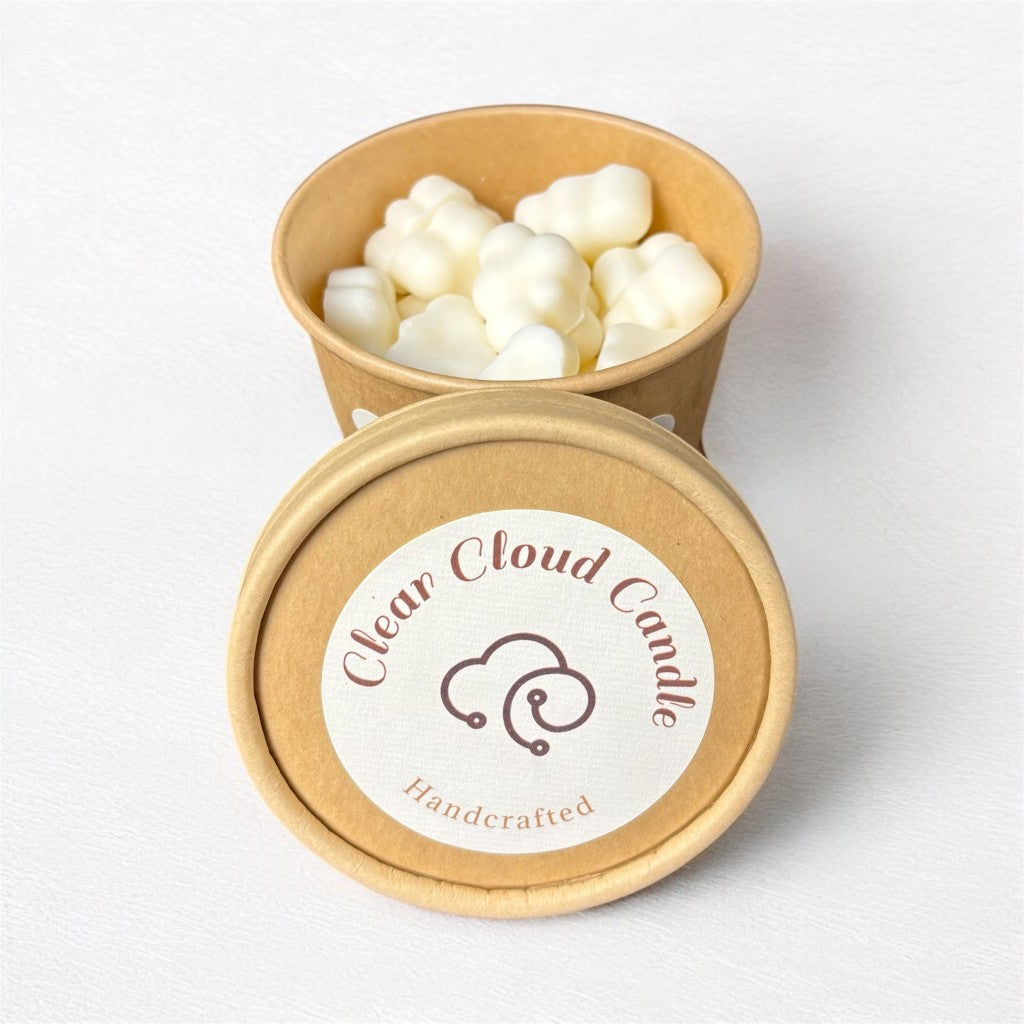 Clear cloud candles in a paper cup with a 'Clear Cloud Candle' label on a white background