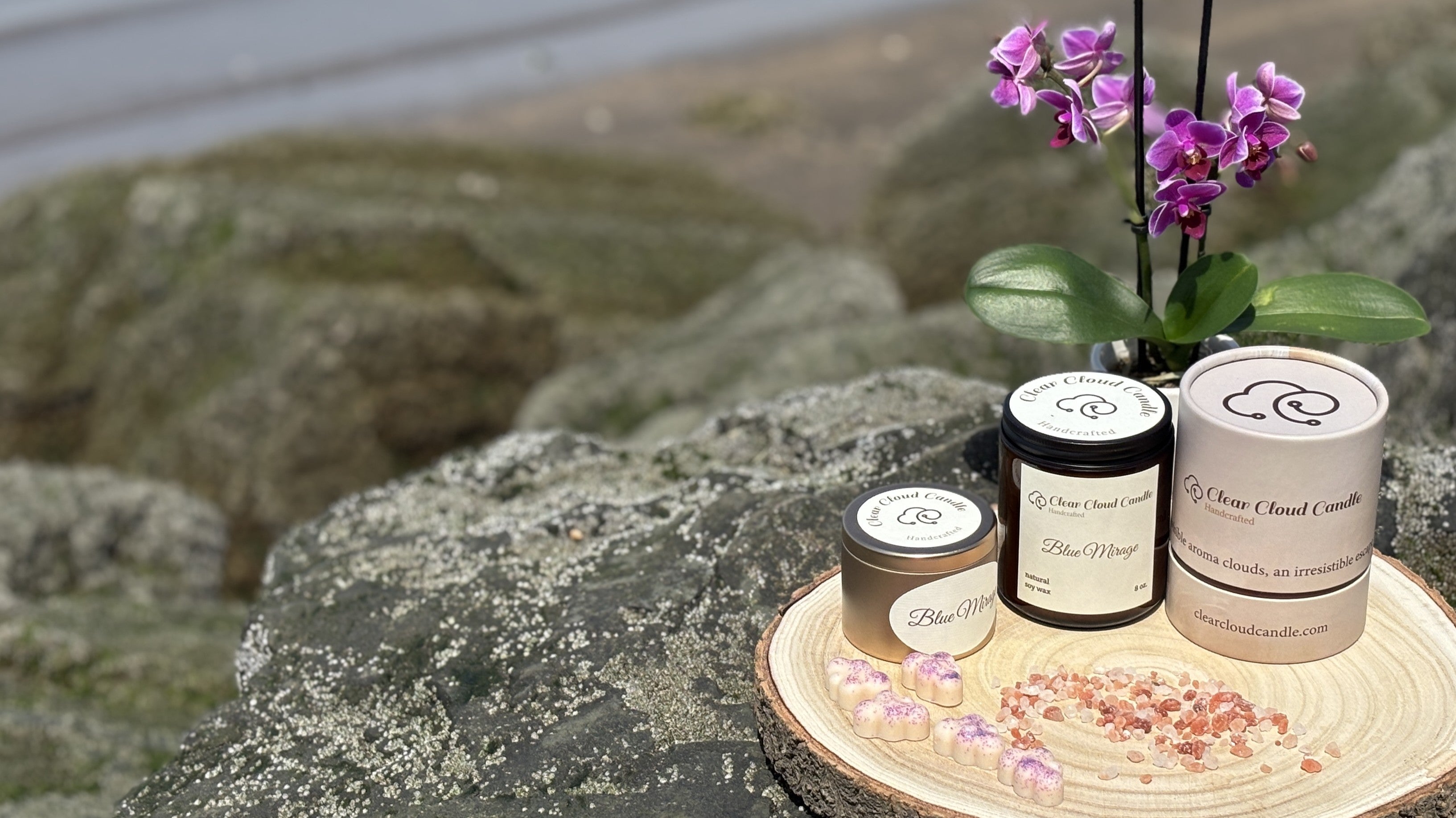 candle containers, jars, wax melts, packaging tube on rocks with orchid flower in the background