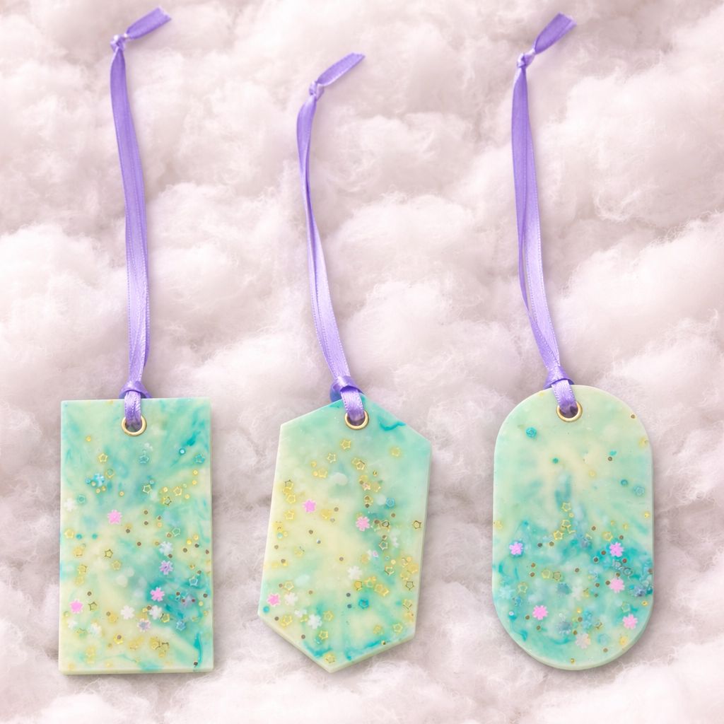 Three decorative wax closet fresheners with pastel color streaks and glitters on cloud-like cotton balls with lemon slices and flowers.