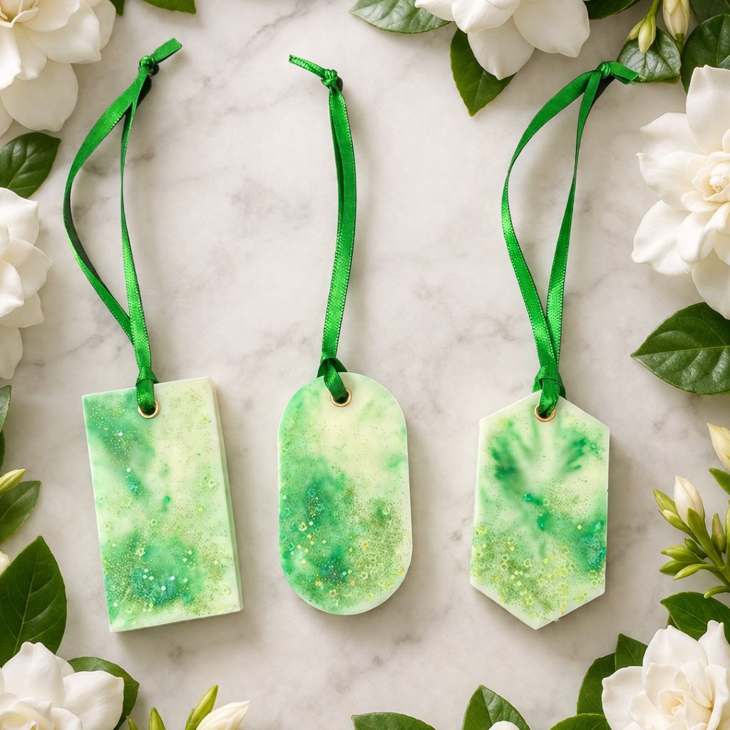 Three green marbled hanging wax closet fresheners with ribbons on a marble surface with white flowers and green leaves.