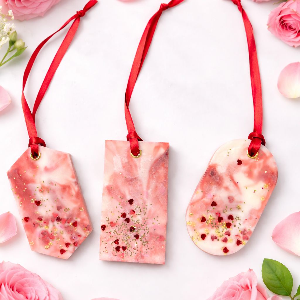 Three pink and white marbled wax closet fresheners with red ribbons on a white background with pink flowers.
